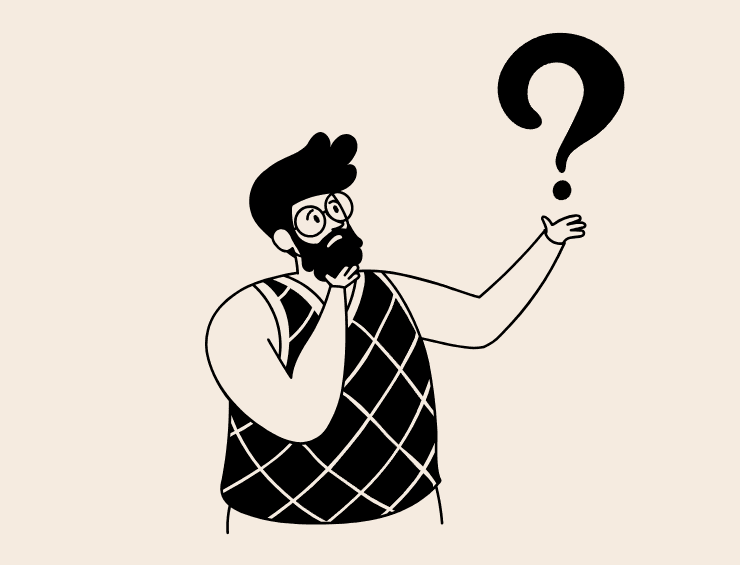 Ilustração a preto e branco de um homem com barba e óculos, em pose pensativa, a olhar para um grande ponto de interrogação que flutua acima da sua mão.