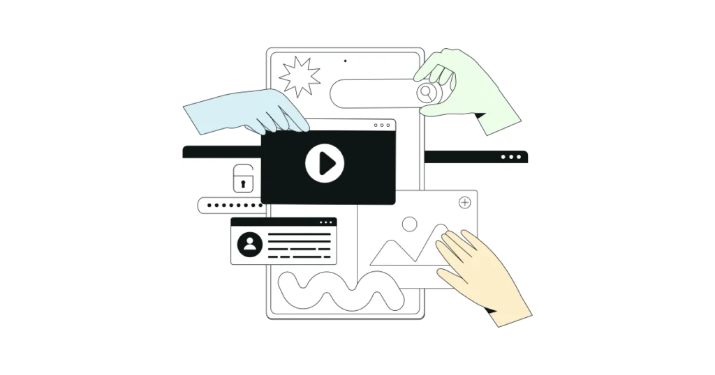 Ilustração de mãos coloridas a organizar elementos de um website, como vídeo, login seguro e galeria, sobre um fundo branco.