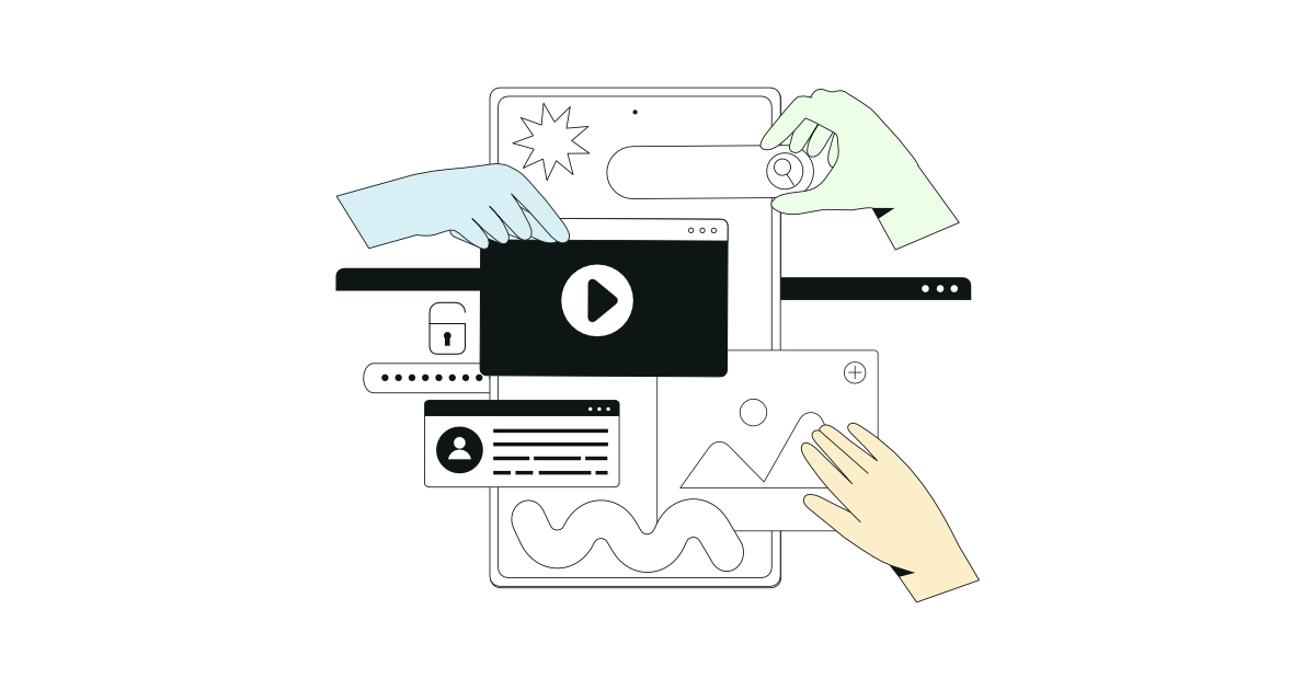 Ilustração de mãos coloridas a organizar elementos de um website, como vídeo, login seguro e galeria, sobre um fundo branco.